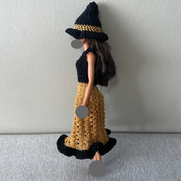 Handmade Crochet Halloween Black Gold Witch Outfit for 29cm Doll 2-Piece Set - Picture 7 of 12